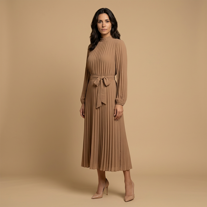Vestido Midi Mujer Plisado Cuello Alto Manga Larga