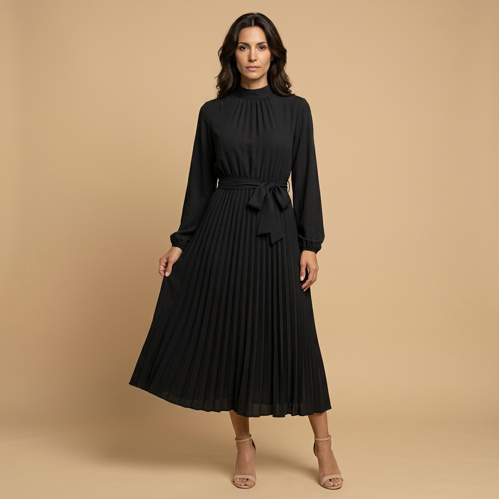 Vestido Midi Mujer Plisado Cuello Alto Manga Larga