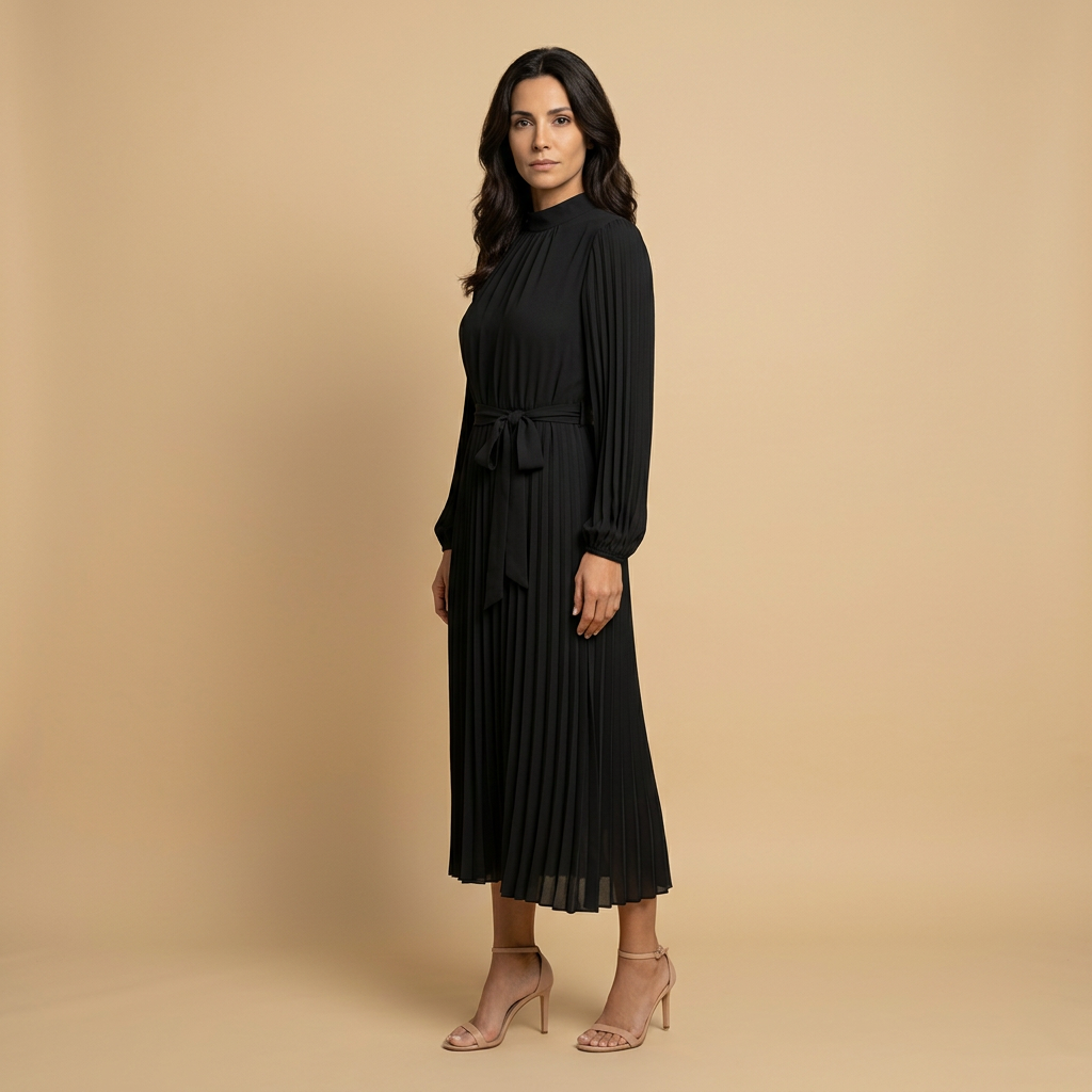 Vestido Midi Mujer Plisado Cuello Alto Manga Larga