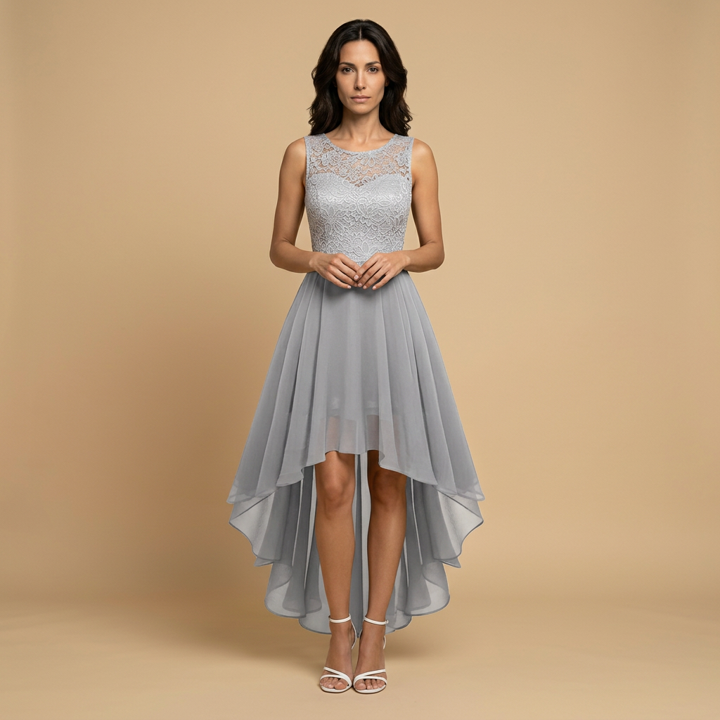 Vestido Midi Mujer de Encaje y Chifón Asimétrico