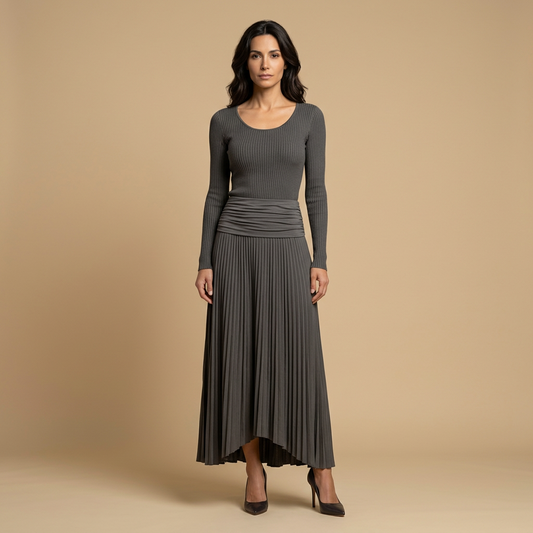 Vestido Largo Mujer Punto Acanalado Falda Plisada Asimétrica - Mavetta