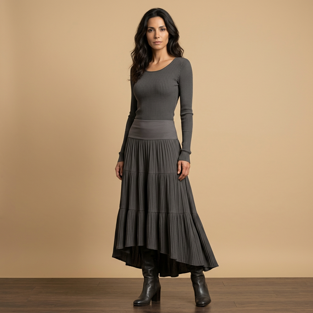 Vestido Largo Mujer Punto Acanalado Falda Plisada Asimétrica