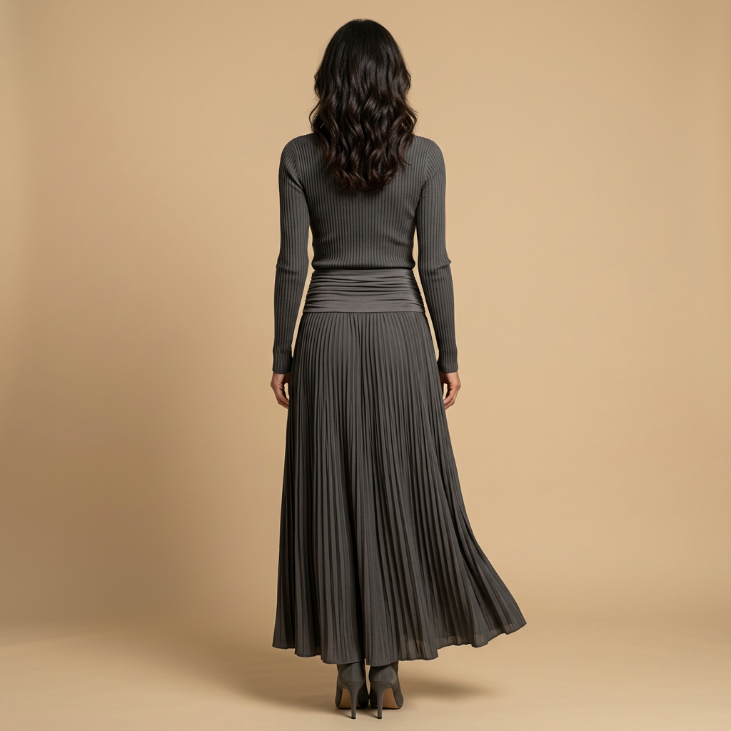 Vestido Largo Mujer Punto Acanalado Falda Plisada Asimétrica