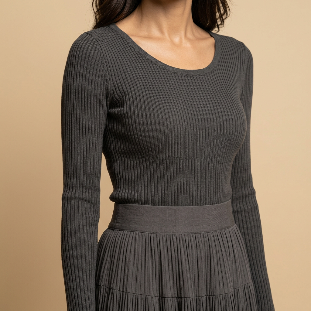 Vestido Largo Mujer Punto Acanalado Falda Plisada Asimétrica