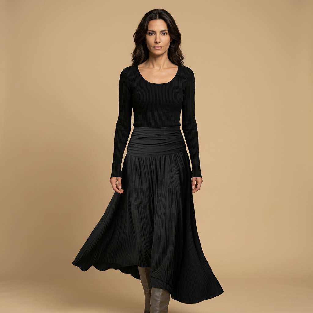 Vestido Largo Mujer Punto Acanalado Falda Plisada Asimétrica