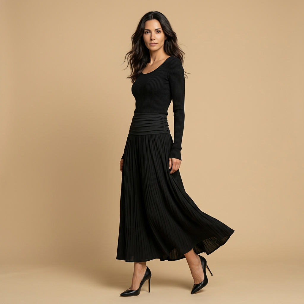 Vestido Largo Mujer Punto Acanalado Falda Plisada Asimétrica