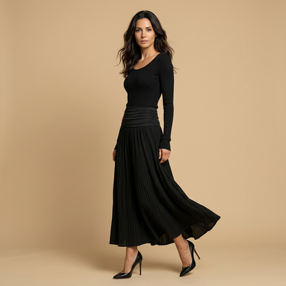 Vestido Largo Mujer Punto Acanalado Falda Plisada Asimétrica