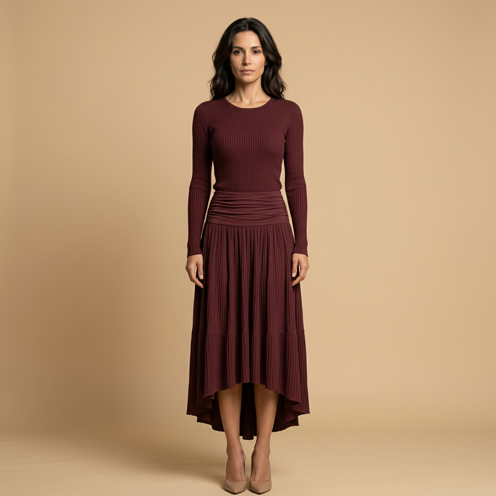 Vestido Largo Mujer Punto Acanalado Falda Plisada Asimétrica