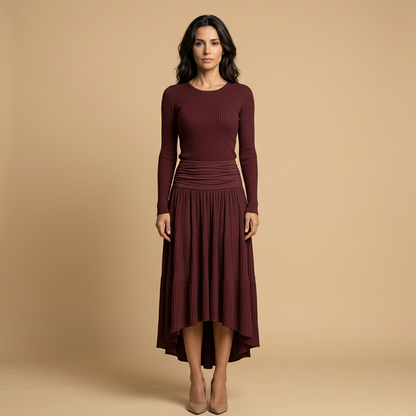 Vestido Largo Mujer Punto Acanalado Falda Plisada Asimétrica