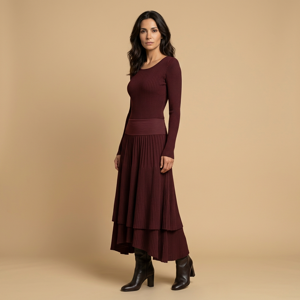 Vestido Largo Mujer Punto Acanalado Falda Plisada Asimétrica
