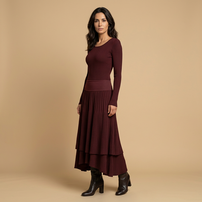 Vestido Largo Mujer Punto Acanalado Falda Plisada Asimétrica