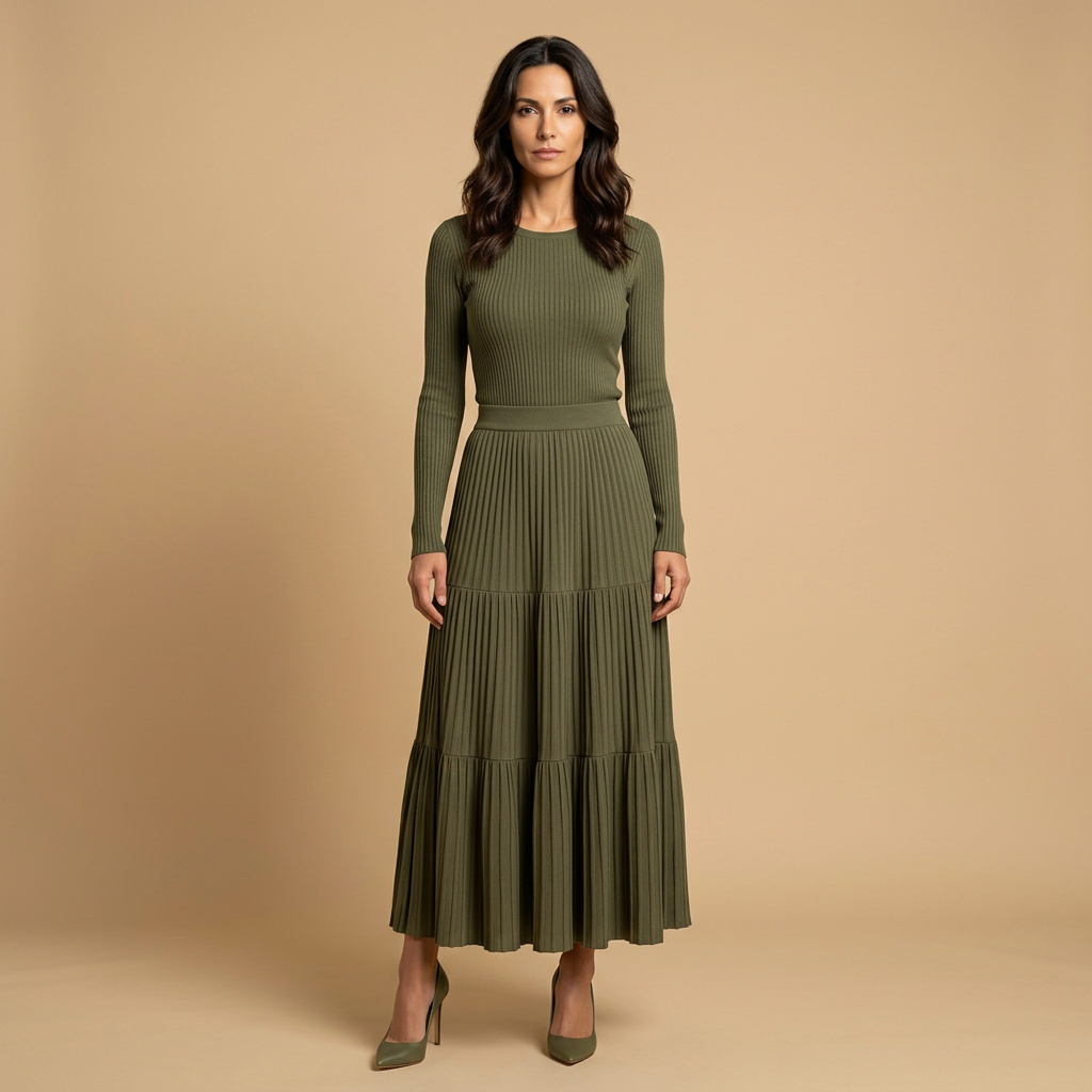 Vestido Largo Mujer Punto Acanalado Falda Plisada Asimétrica