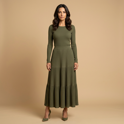 Vestido Largo Mujer Punto Acanalado Falda Plisada Asimétrica
