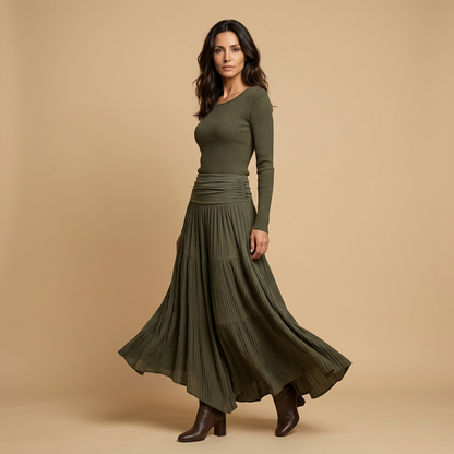 Vestido Largo Mujer Punto Acanalado Falda Plisada Asimétrica