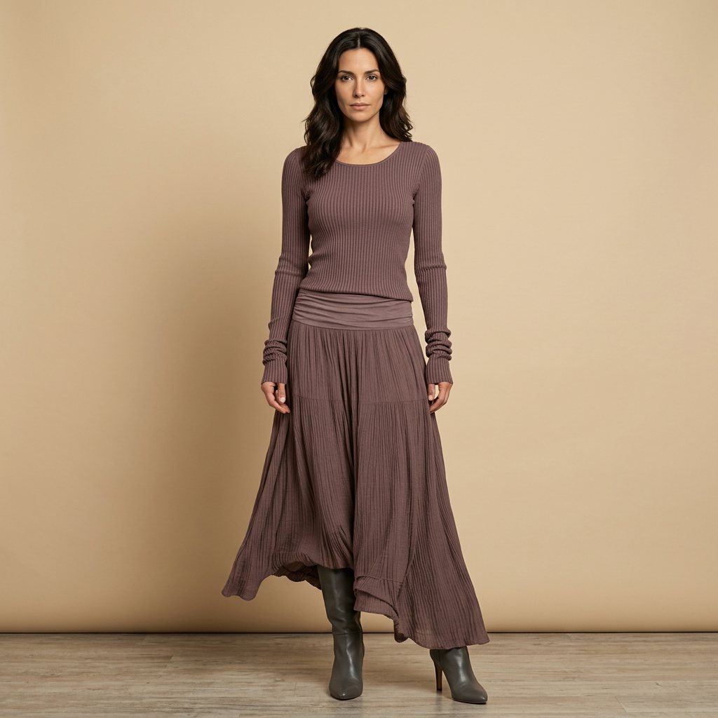 Vestido Largo Mujer Punto Acanalado Falda Plisada Asimétrica