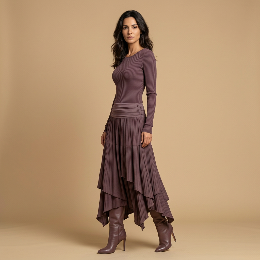 Vestido Largo Mujer Punto Acanalado Falda Plisada Asimétrica