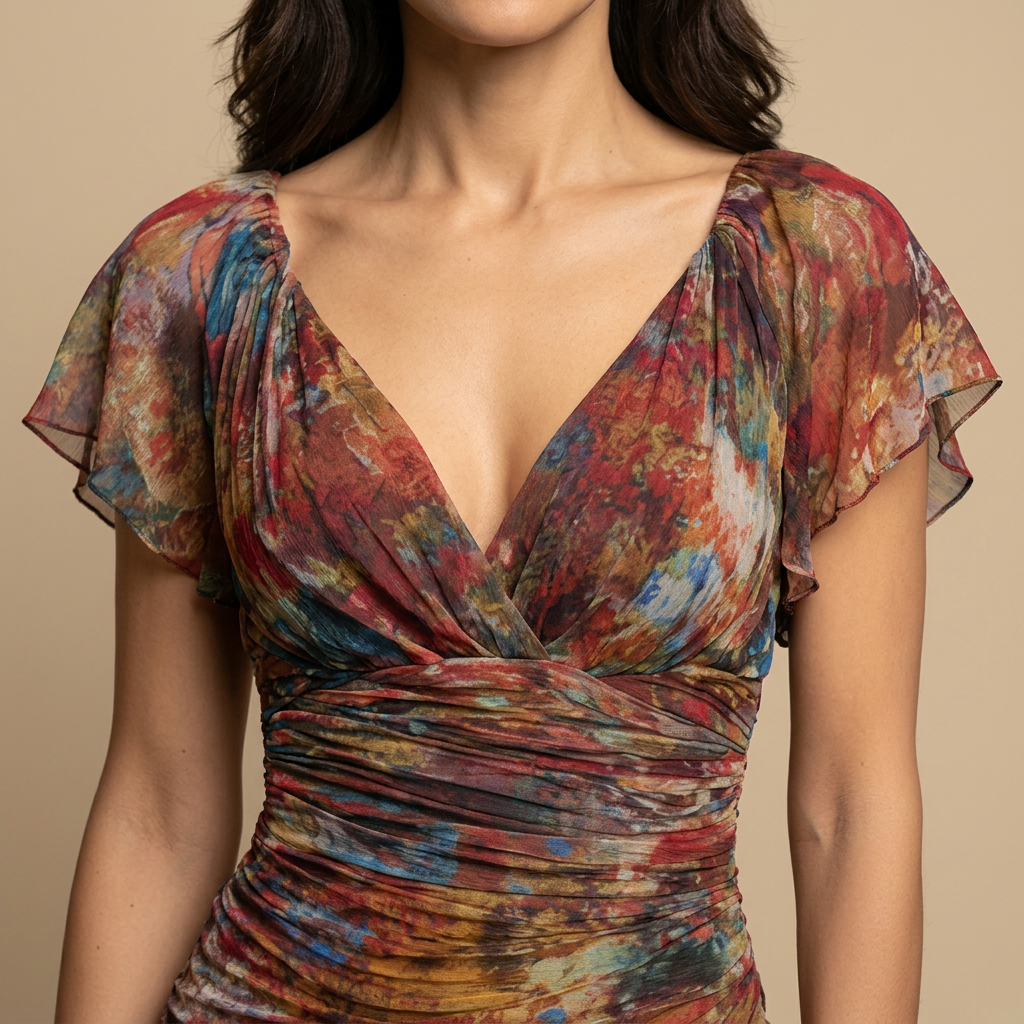 Vestido Midi Mujer de Tul Estampado Corte Cruzado Abertura