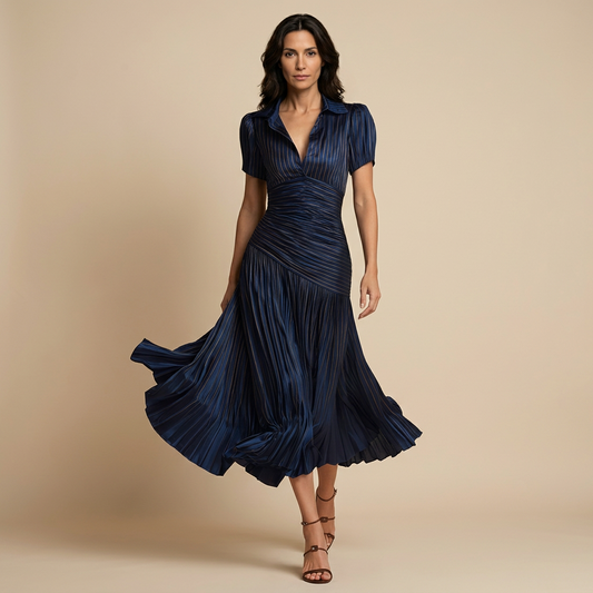Vestido Midi Mujer Satén Plisado Manga Abullonada - Mavetta