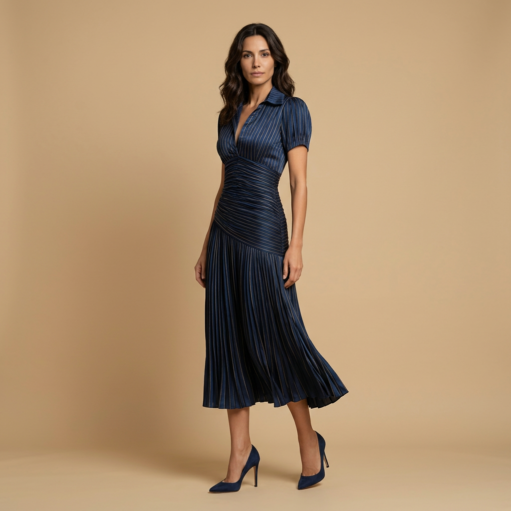 Vestido Midi Mujer Satén Plisado Manga Abullonada