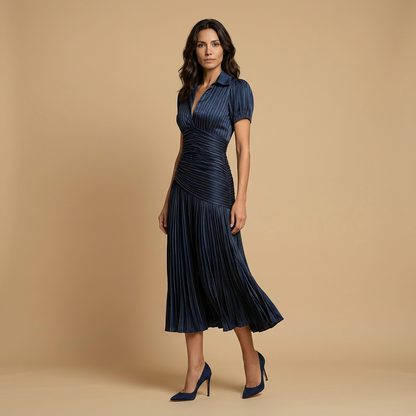Vestido Midi Mujer Satén Plisado Manga Abullonada