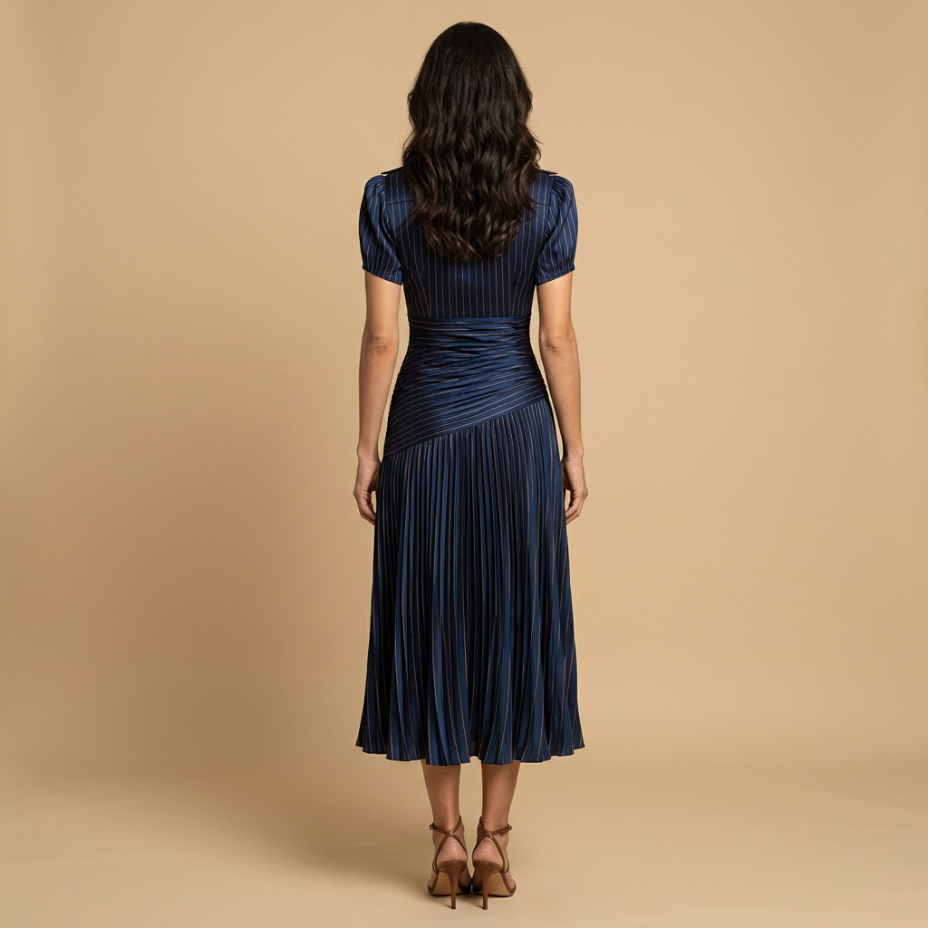 Vestido Midi Mujer Satén Plisado Manga Abullonada