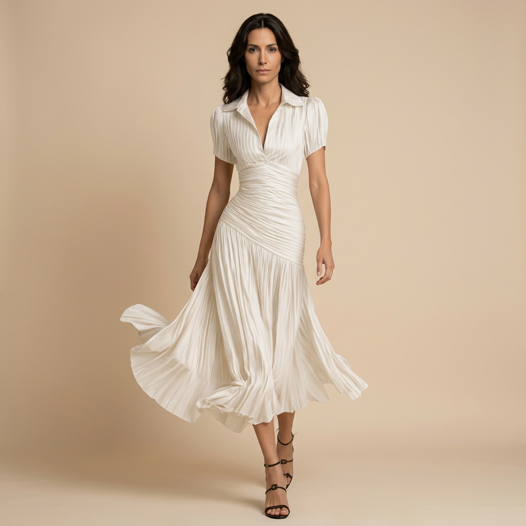 Vestido Midi Mujer Satén Plisado Manga Abullonada