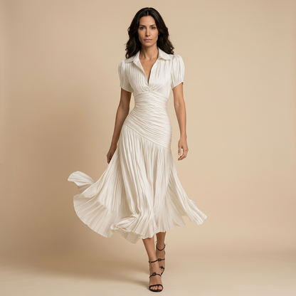 Vestido Midi Mujer Satén Plisado Manga Abullonada