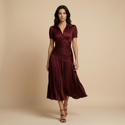 Vestido Midi Mujer Satén Plisado Manga Abullonada