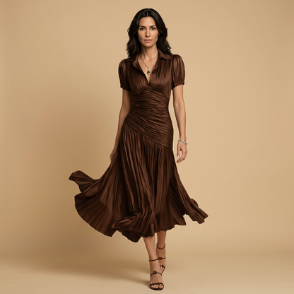 Vestido Midi Mujer Satén Plisado Manga Abullonada