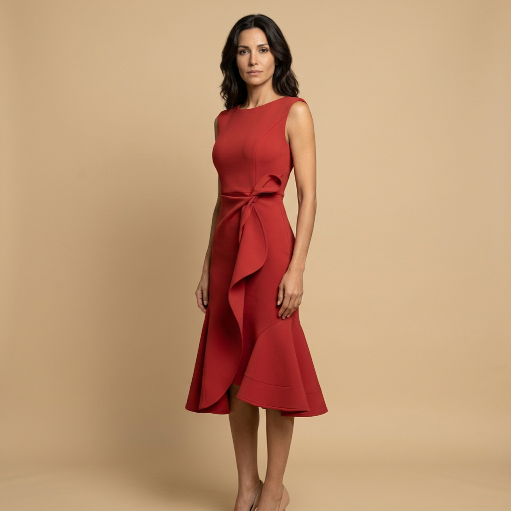 Vestido Midi Mujer de Crepé Sin Mangas Lazo Lateral