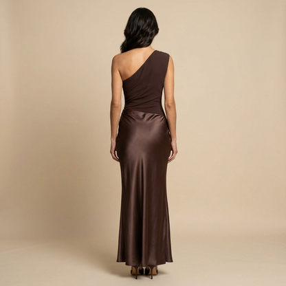 Vestido Largo Mujer de Crepé y Satén Un Hombro