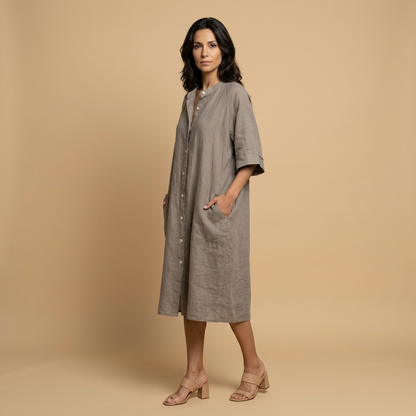 Vestido Midi Mujer Lino Camisero Bolsillos Manga Tres Cuartos