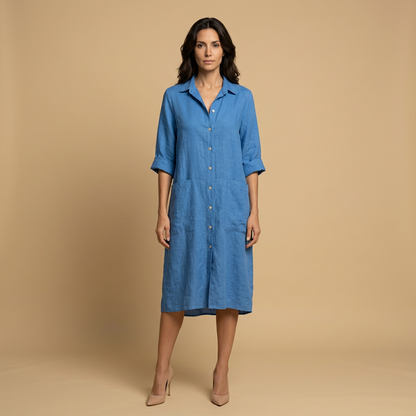 Vestido Midi Mujer Lino Camisero Bolsillos Manga Tres Cuartos