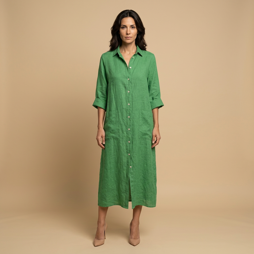 Vestido Midi Mujer Lino Camisero Bolsillos Manga Tres Cuartos