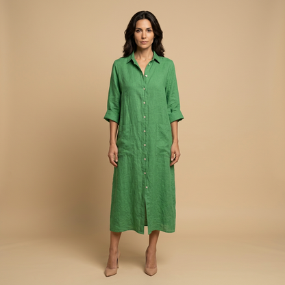 Vestido Midi Mujer Lino Camisero Bolsillos Manga Tres Cuartos