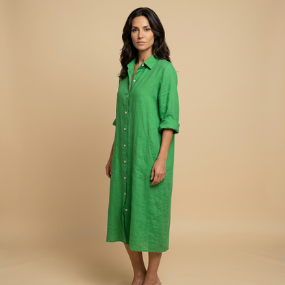 Vestido Midi Mujer Lino Camisero Bolsillos Manga Tres Cuartos