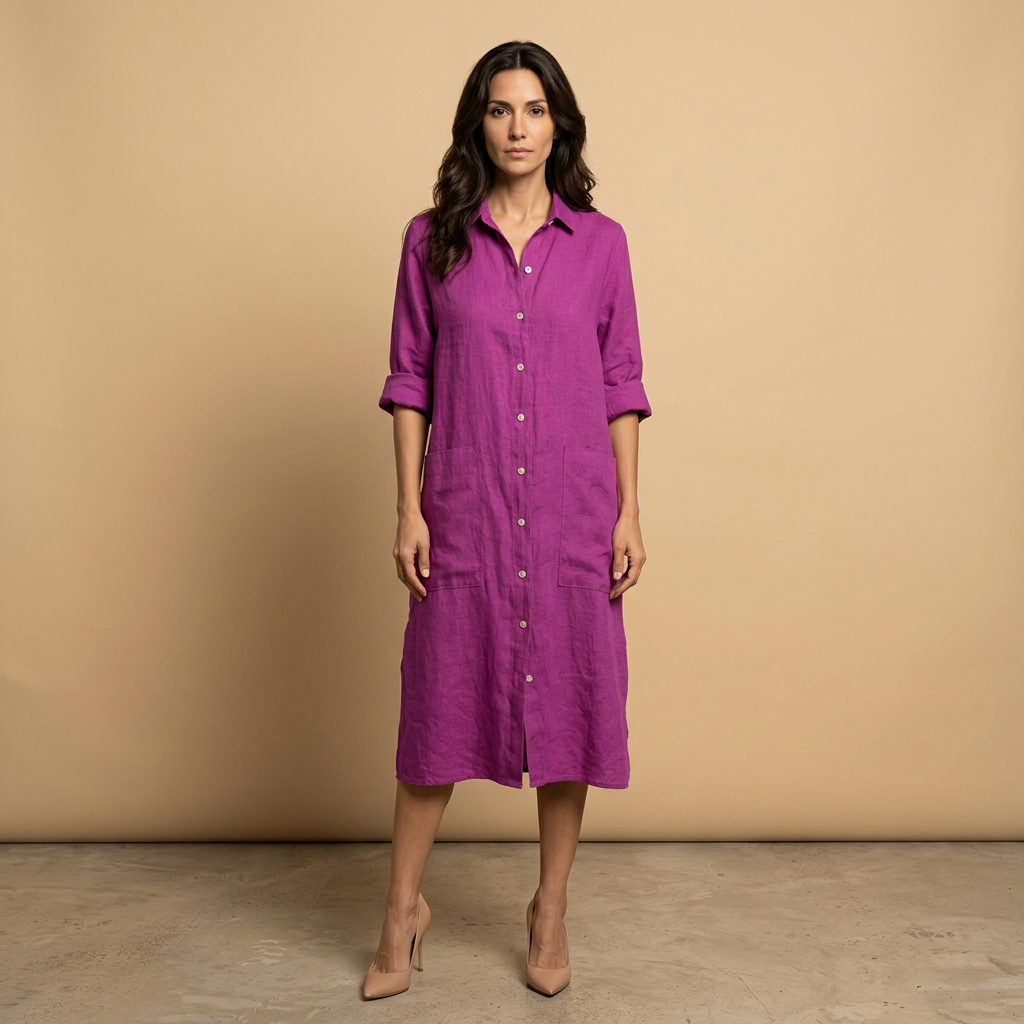 Vestido Midi Mujer Lino Camisero Bolsillos Manga Tres Cuartos