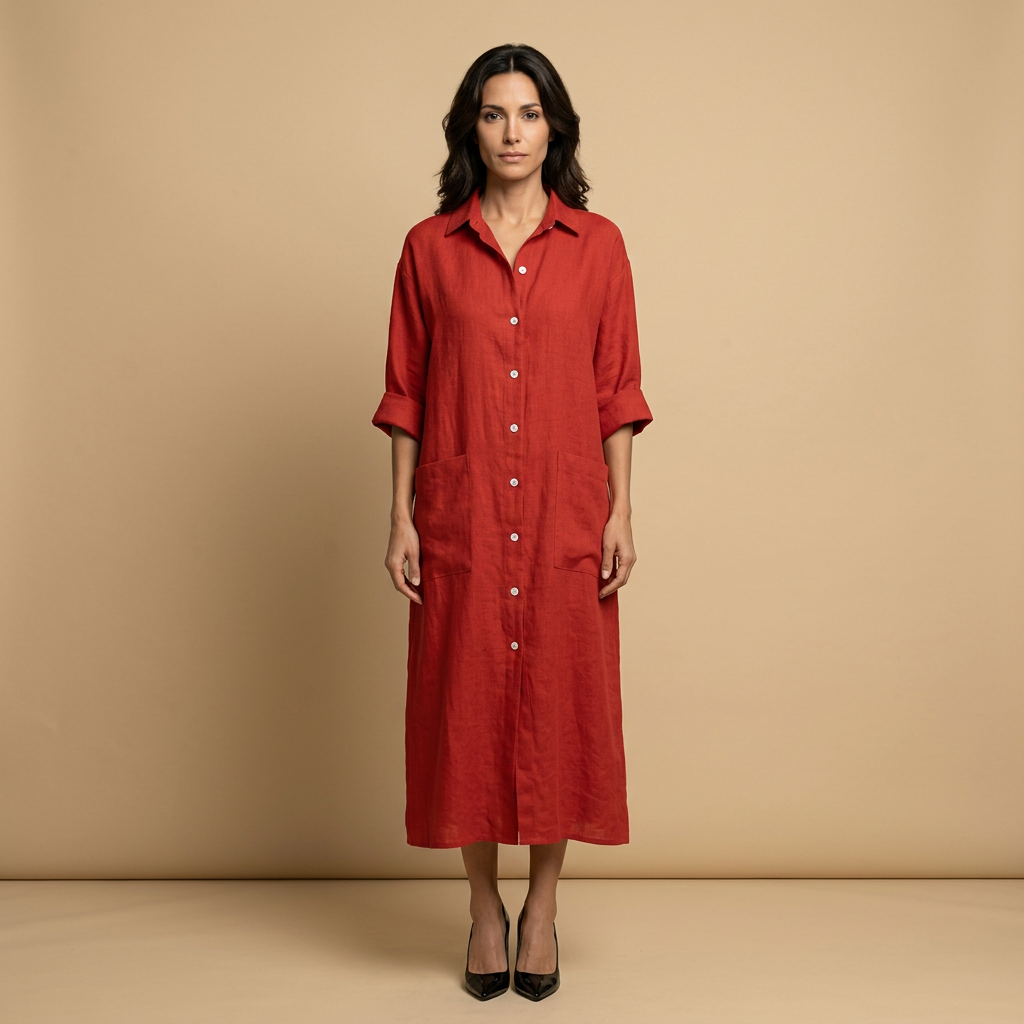 Vestido Midi Mujer Lino Camisero Bolsillos Manga Tres Cuartos