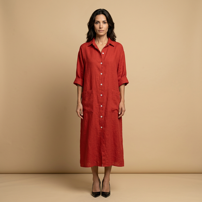 Vestido Midi Mujer Lino Camisero Bolsillos Manga Tres Cuartos