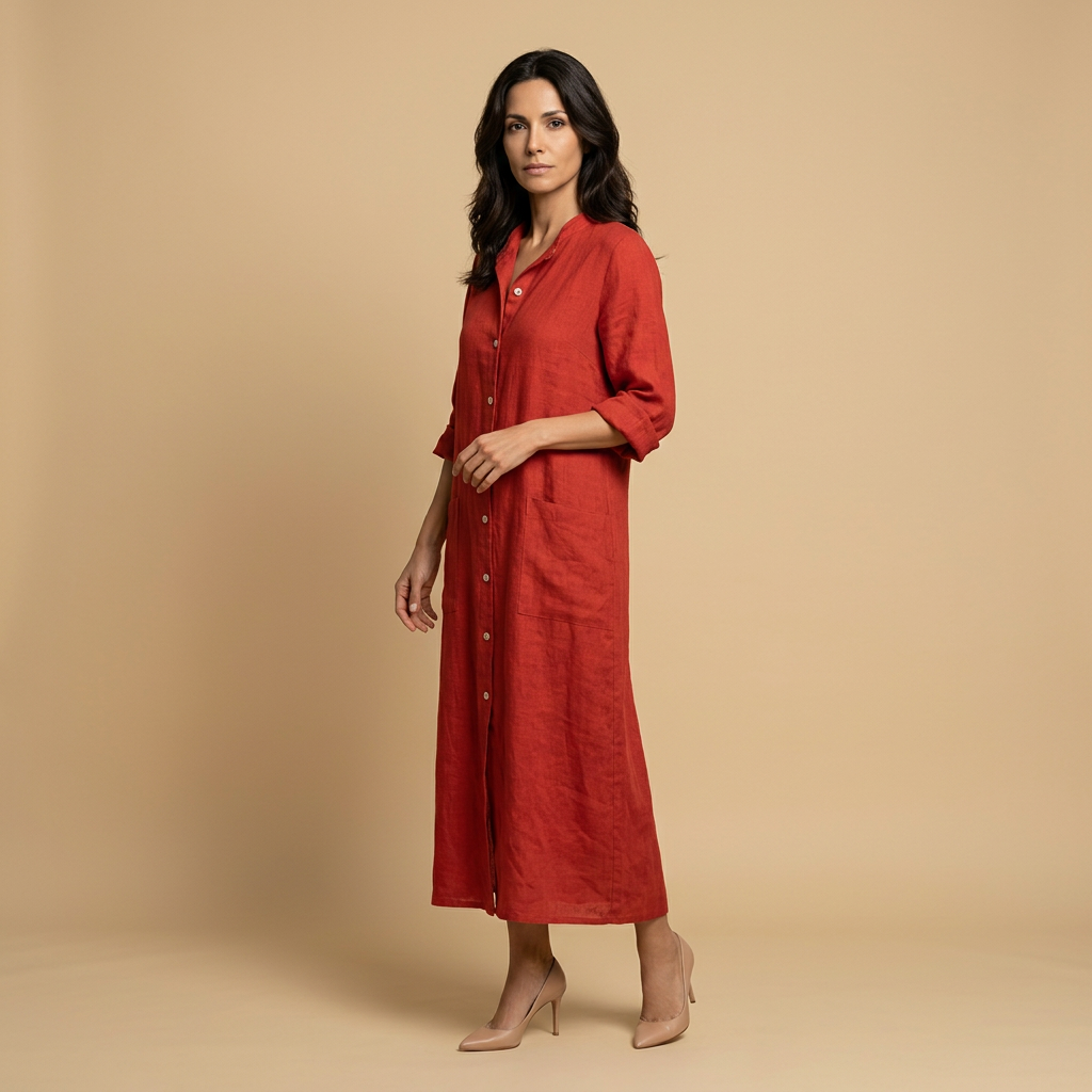 Vestido Midi Mujer Lino Camisero Bolsillos Manga Tres Cuartos