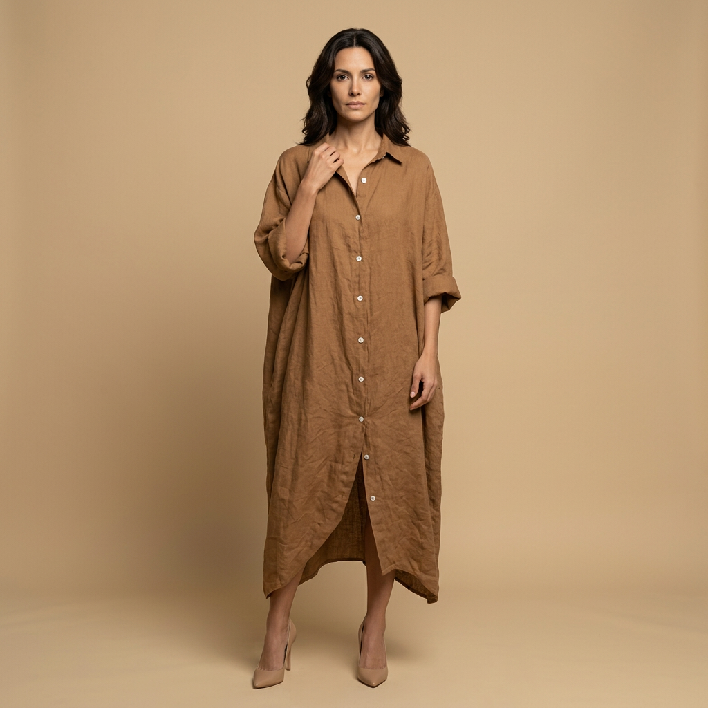 Vestido Midi Mujer Lino Camisero Bolsillos Manga Tres Cuartos