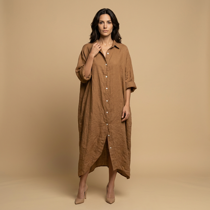 Vestido Midi Mujer Lino Camisero Bolsillos Manga Tres Cuartos
