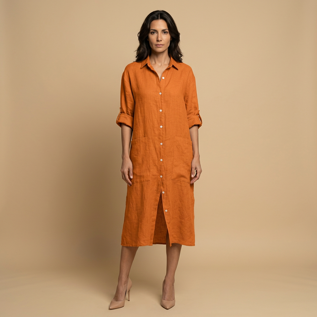 Vestido Midi Mujer Lino Camisero Bolsillos Manga Tres Cuartos