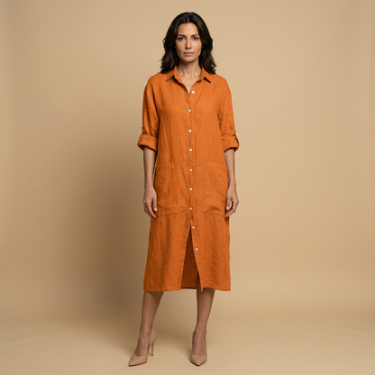 Vestido Midi Mujer Lino Camisero Bolsillos Manga Tres Cuartos