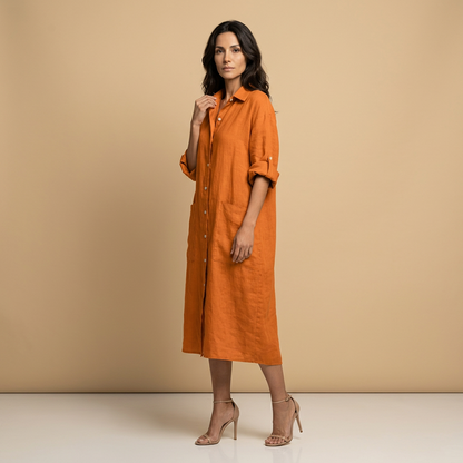 Vestido Midi Mujer Lino Camisero Bolsillos Manga Tres Cuartos