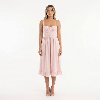 Vestido midi mujer con volante estilo elegante
