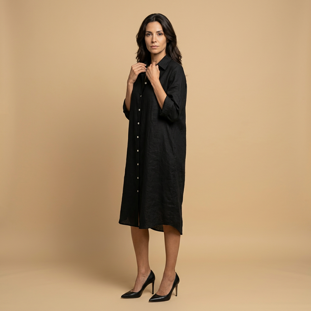 Vestido Midi Mujer Lino Camisero Bolsillos Manga Tres Cuartos