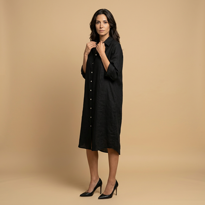 Vestido Midi Mujer Lino Camisero Bolsillos Manga Tres Cuartos