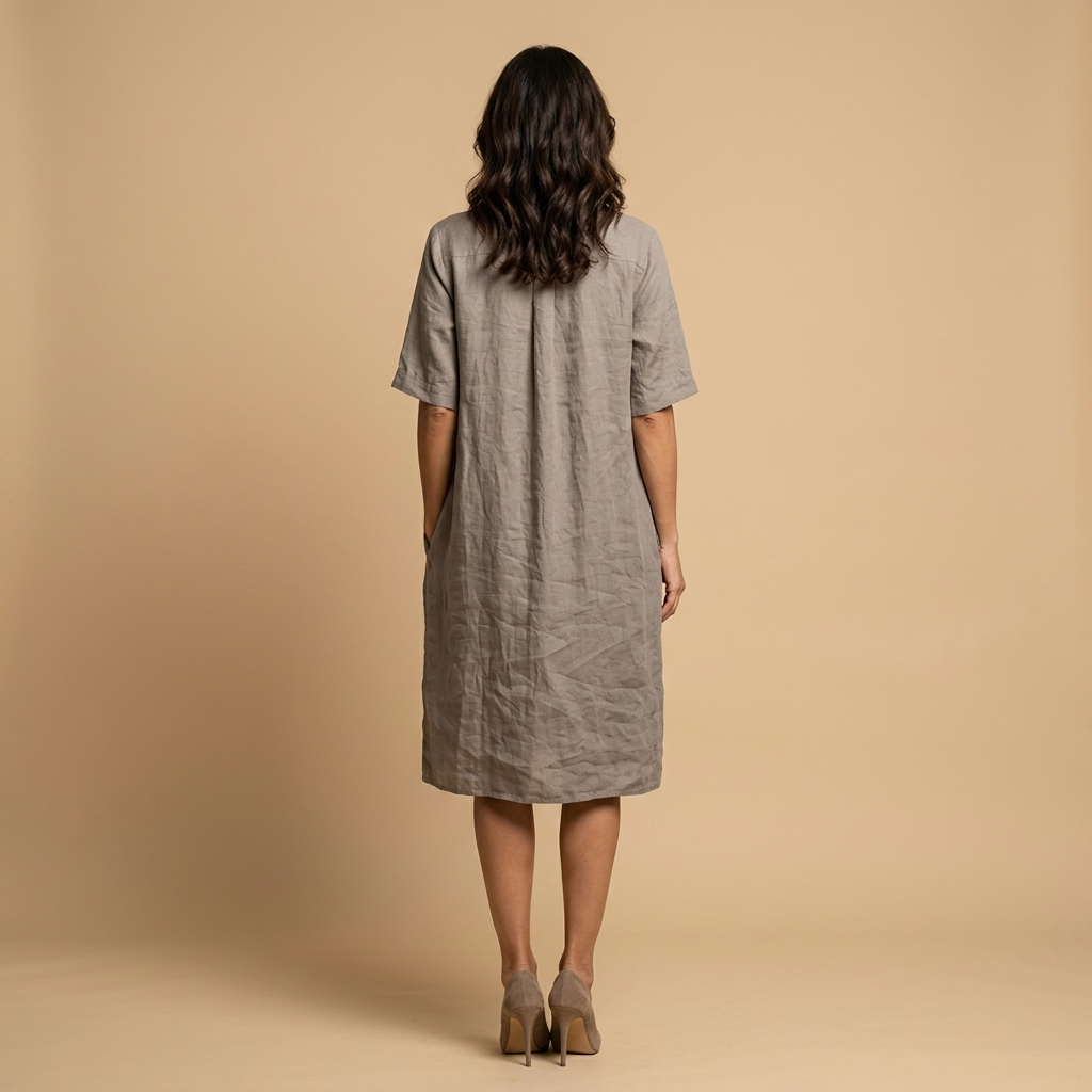 Vestido Midi Mujer Lino Camisero Bolsillos Manga Tres Cuartos