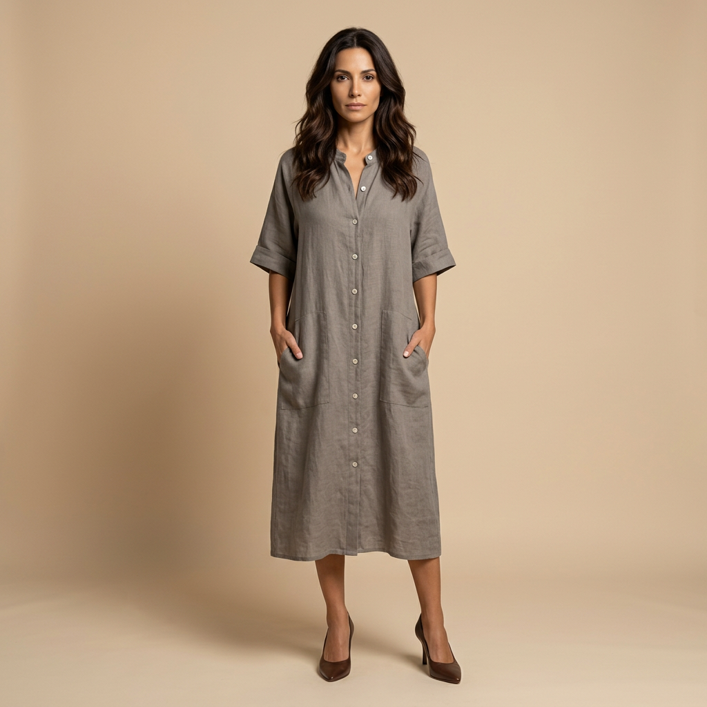 Vestido Midi Mujer Lino Camisero Bolsillos Manga Tres Cuartos - Mavetta